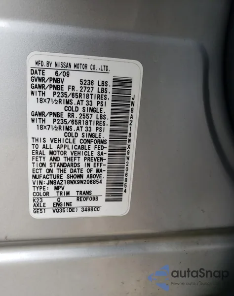 2009 Nissan Murano S z USA, uszkodzony, nr VIN JN8AZ18WX9W206854